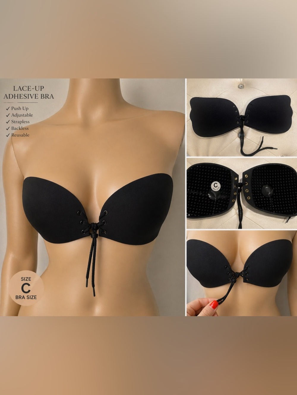 NWT Sticky Bra Lace Up Push Up Strapless Backless Adhesive Bra Black C